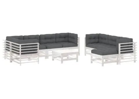 Set mobilier de grădină cu perne, 10 piese, alb, lemn masiv - 2/5