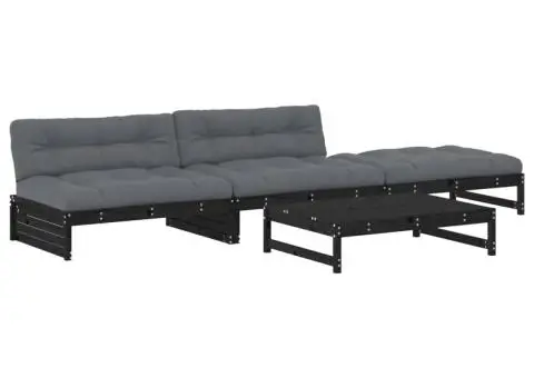 Set mobilier de grădină cu perne, 4 piese, negru, lemn masiv - 2/5