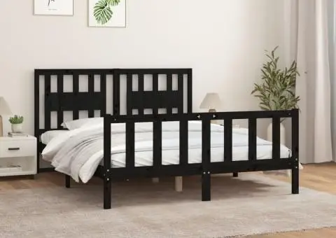 Cadru pat tăblie King Size, negru, 150x200 cm, lemn masiv pin - 1/5