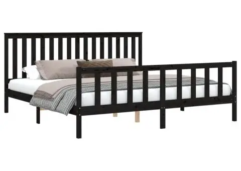 Cadru pat cu tăblie Super King negru 180x200 cm lemn masiv pin - 3/5