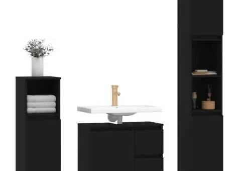 Set mobilier de baie, 3 piese, negru, lemn compozit - 3/5