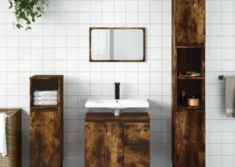 Set mobilier de baie, 3 piese, stejar fumuriu, lemn prelucrat - 1/5