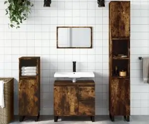 vidaXL Set mobilier de baie, 3 piese, stejar fumuriu, lemn prelucrat