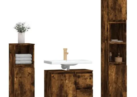 Set mobilier de baie, 3 piese, stejar fumuriu, lemn prelucrat - 3/5