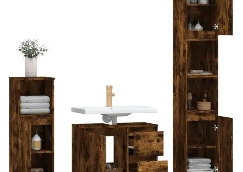 Set mobilier de baie, 3 piese, stejar fumuriu, lemn prelucrat - 4/5