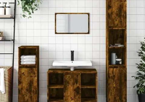 Set mobilier de baie, 3 piese, stejar fumuriu, lemn prelucrat - 1/5