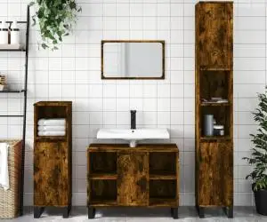 vidaXL Set mobilier de baie, 3 piese, stejar fumuriu, lemn prelucrat