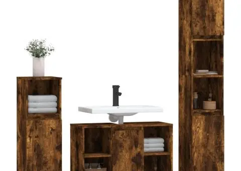 Set mobilier de baie, 3 piese, stejar fumuriu, lemn prelucrat - 3/5