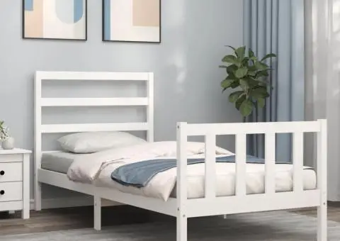 Cadru de pat cu tăblie single mic, alb, lemn masiv - 1/5