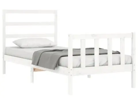 Cadru de pat cu tăblie single mic, alb, lemn masiv - 3/5