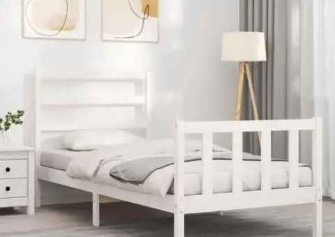 Cadru de pat cu tăblie single mic, alb, lemn masiv - 4/5