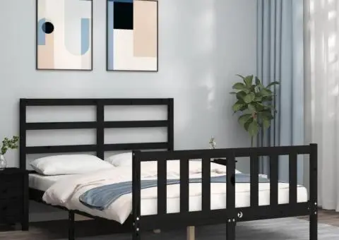 Cadru de pat cu tăblie, negru, 140x190 cm, lemn masiv - 1/5