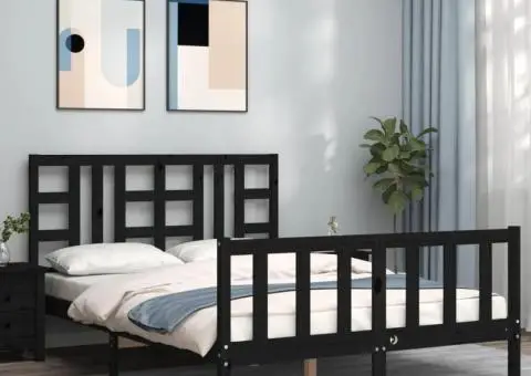 Cadru de pat cu tăblie, negru, 140x190 cm, lemn masiv - 1/5