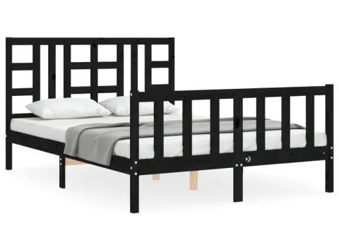 Cadru de pat cu tăblie, negru, 140x190 cm, lemn masiv - 2/5