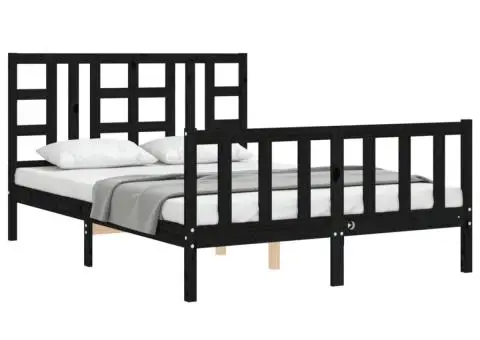 Cadru de pat cu tăblie, negru, 140x190 cm, lemn masiv - 4/5
