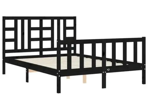 Cadru de pat cu tăblie, negru, 140x190 cm, lemn masiv - 5/5