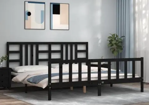 Cadru pat cu tăblie 200x200 cm, negru, lemn masiv - 1/5