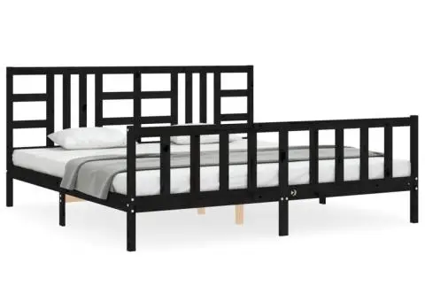 Cadru pat cu tăblie 200x200 cm, negru, lemn masiv - 2/5