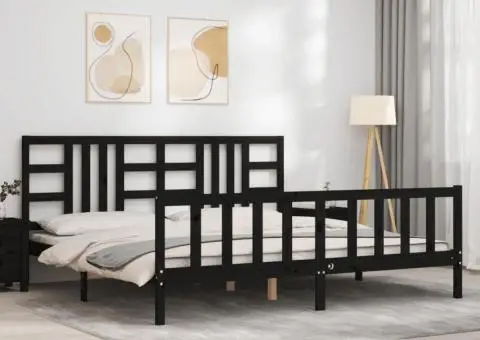 Cadru pat cu tăblie 200x200 cm, negru, lemn masiv - 3/5