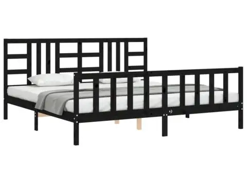 Cadru pat cu tăblie 200x200 cm, negru, lemn masiv - 4/5