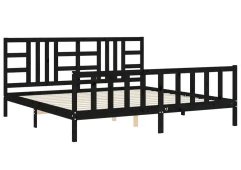 Cadru pat cu tăblie 200x200 cm, negru, lemn masiv - 5/5