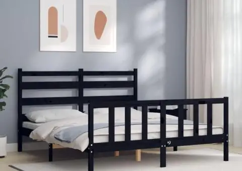 Cadru de pat cu tăblie, negru, king size, lemn masiv - 1/5