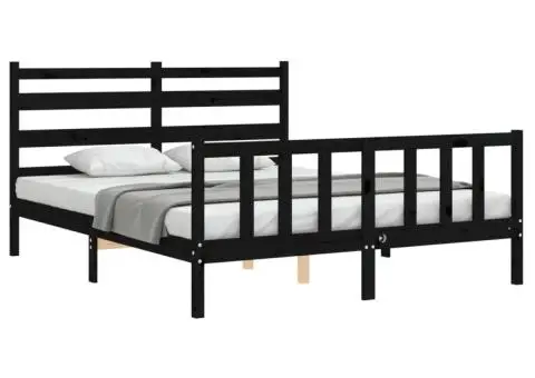 Cadru de pat cu tăblie, negru, king size, lemn masiv - 3/5