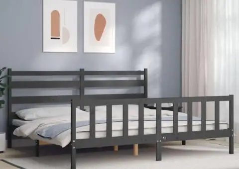 Cadru pat cu tăblie 200x200 cm, gri, lemn masiv - 1/5