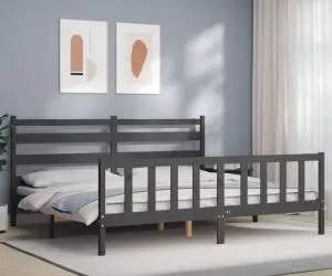 vidaXL Cadru pat cu tăblie 200x200 cm, gri, lemn masiv