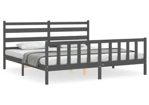 Cadru pat cu tăblie 200x200 cm, gri, lemn masiv - 2/5