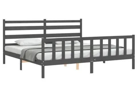 Cadru pat cu tăblie 200x200 cm, gri, lemn masiv - 3/5