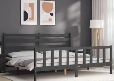 Cadru pat cu tăblie 200x200 cm, gri, lemn masiv - 4/5