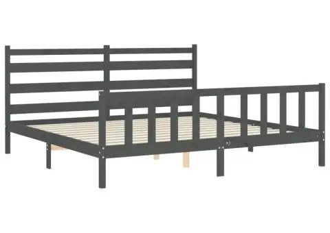 Cadru pat cu tăblie 200x200 cm, gri, lemn masiv - 5/5