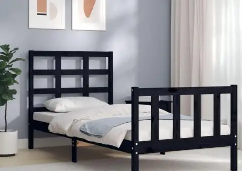 Cadru de pat cu tăblie, negru, 90x190 cm, lemn masiv - 1/5