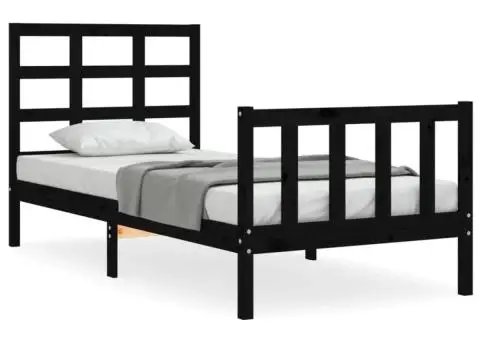 Cadru de pat cu tăblie, negru, 90x190 cm, lemn masiv - 2/5