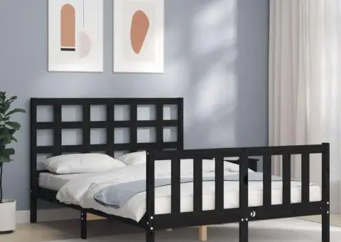 Cadru de pat cu tăblie, negru, 140x190 cm, lemn masiv - 1/5