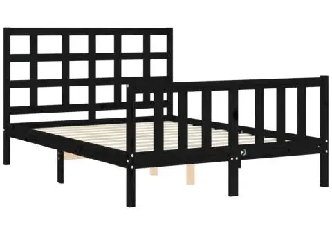 Cadru de pat cu tăblie, negru, 140x190 cm, lemn masiv - 5/5