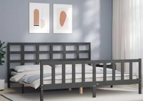 Cadru pat cu tăblie 200x200 cm, gri, lemn masiv - 1/5