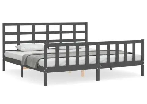 Cadru pat cu tăblie 200x200 cm, gri, lemn masiv - 2/5