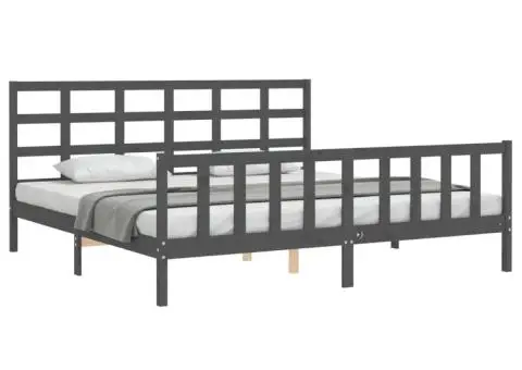 Cadru pat cu tăblie 200x200 cm, gri, lemn masiv - 3/5