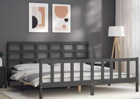 Cadru pat cu tăblie 200x200 cm, gri, lemn masiv - 4/5