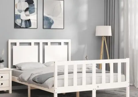 Cadru de pat cu tăblie, dublu, alb, lemn masiv - 3/5
