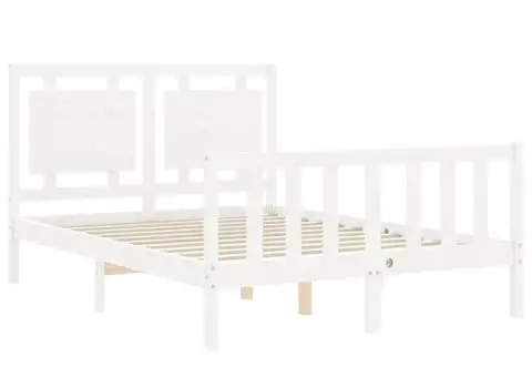 Cadru de pat cu tăblie, dublu, alb, lemn masiv - 5/5