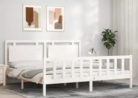 Cadru de pat cu tăblie, alb, 180x200 cm, lemn masiv - 1/5