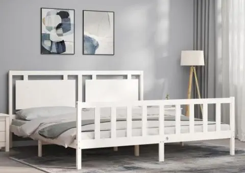 Cadru de pat cu tăblie, alb, 180x200 cm, lemn masiv - 3/5