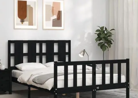 Cadru de pat cu tăblie dublu, negru, lemn masiv - 1/5