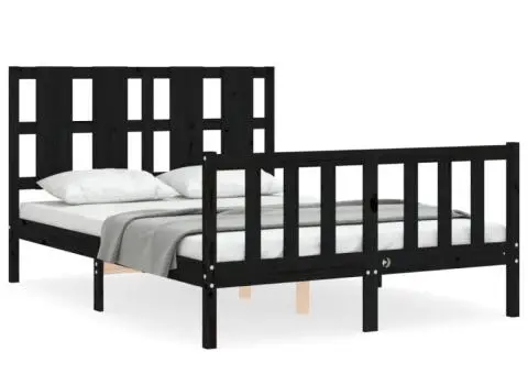Cadru de pat cu tăblie dublu, negru, lemn masiv - 2/5