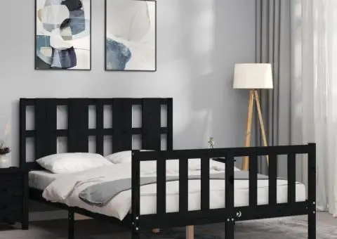 Cadru de pat cu tăblie dublu, negru, lemn masiv - 3/5