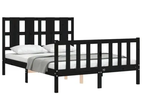 Cadru de pat cu tăblie dublu, negru, lemn masiv - 4/5