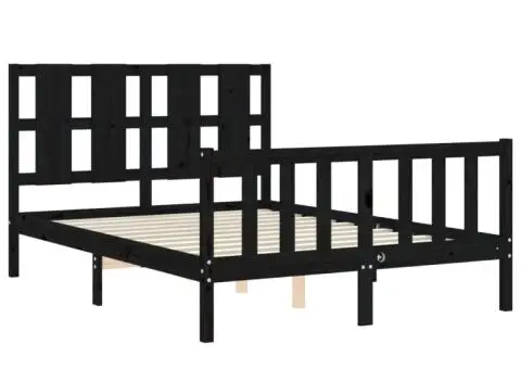 Cadru de pat cu tăblie dublu, negru, lemn masiv - 5/5